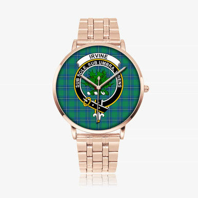 Scottish Irvine Clan Crest Tartan Instafamous Steel Quartz Watches Tartan Plaid Rose Gold 1