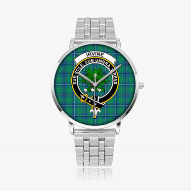 Scottish Irvine Clan Crest Tartan Instafamous Steel Quartz Watches Tartan Plaid Silver 1