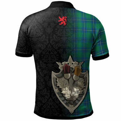 Scottish Irvine Clan Crest Tartan Polo Shirt - Half Thistle Flowers Celtic Design Back Side Tartan Plaid