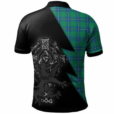Scottish Irvine Clan Crest Tartan Polo Shirt - Lion Rampant Celtic Cross Flash Style Back Side Tartan Plaid