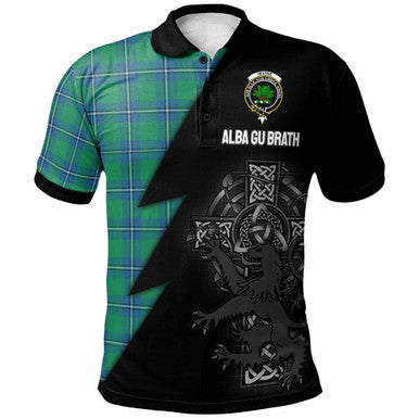 Scottish Irvine Clan Crest Tartan Polo Shirt - Lion Rampant Celtic Cross Flash Style Front Side Tartan Plaid