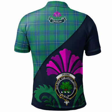 Scottish Irvine Clan Crest Tartan Polo Shirt - Scotland Thistle Style Back Side Tartan Plaid