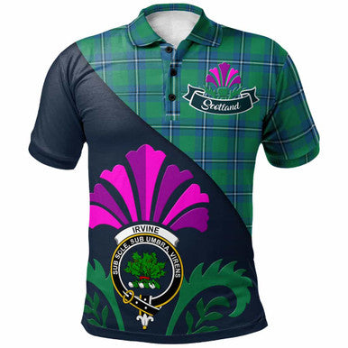 Scottish Irvine Clan Crest Tartan Polo Shirt - Scotland Thistle Style Front Side Tartan Plaid