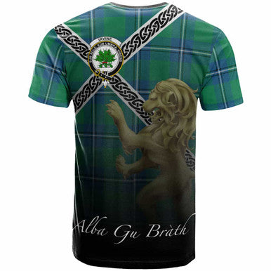 Scottish Irvine Clan Crest Tartan T-Shirt - Celtic With Scotland Lion Back Side Tartan Plaid
