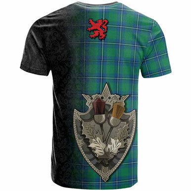 Scottish Irvine Clan Crest Tartan T-Shirt - Half Thistle Flowers Celtic Design Back Side Tartan Plaid