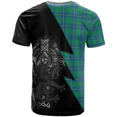 Scottish Irvine Clan Crest Tartan T-Shirt - Lion Rampant Celtic Cross Flash Style Back Side Tartan Plaid