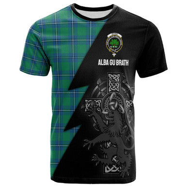 Scottish Irvine Clan Crest Tartan T-Shirt - Lion Rampant Celtic Cross Flash Style Front Side Tartan Plaid