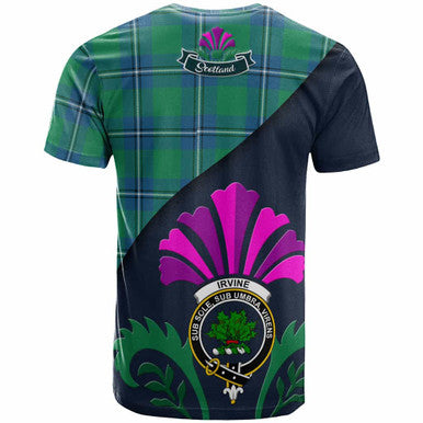 Scottish Irvine Clan Crest Tartan T-Shirt - Scotland Thistle Style Back Side Tartan Plaid