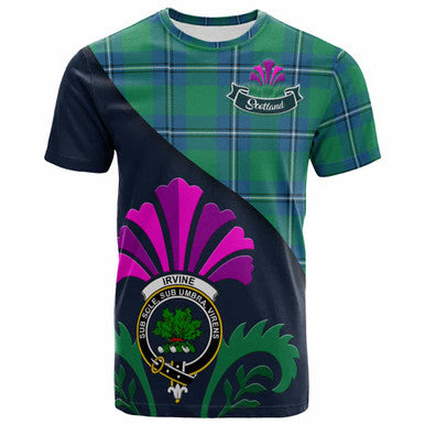 Scottish Irvine Clan Crest Tartan T-Shirt - Scotland Thistle Style Front Side Tartan Plaid