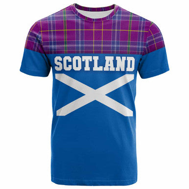 Scottish Jackson Clan Tartan T-Shirt - Lion Rampant of Scotland With Flag Front Side Tartan Plaid