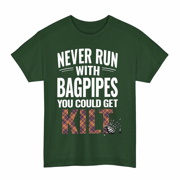 Scottish Jacobite Clan Tartan Never Run With Bagpipes T-Shirt Tartan Plaid Forest Green Color