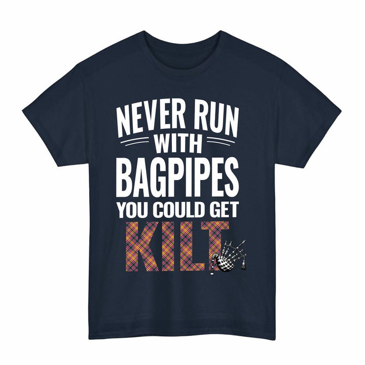 Scottish Jacobite Clan Tartan Never Run With Bagpipes T-Shirt Tartan Plaid Navy Color