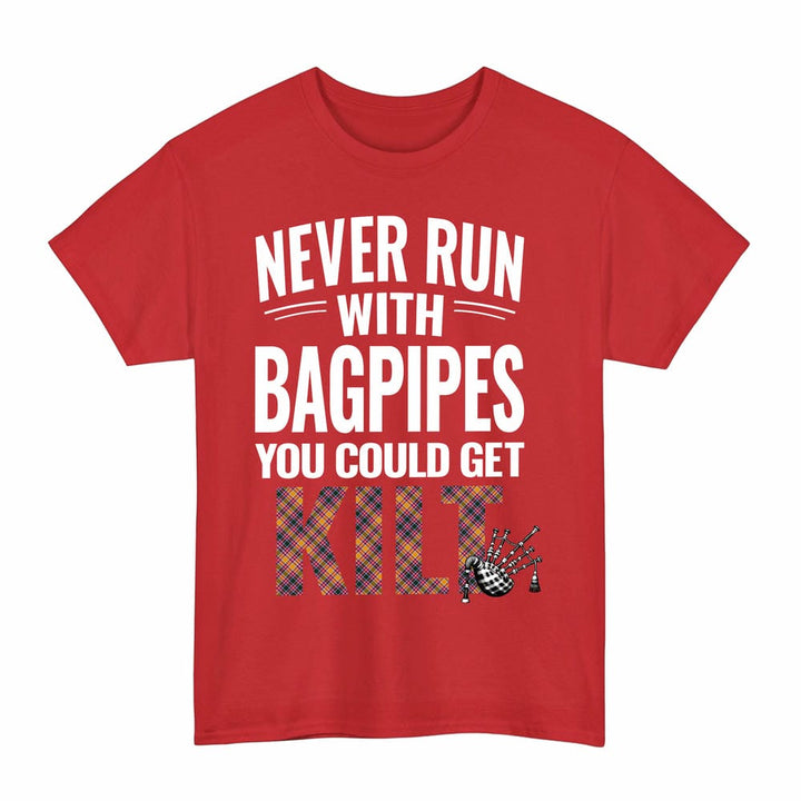 Scottish Jacobite Clan Tartan Never Run With Bagpipes T-Shirt Tartan Plaid Red Color
