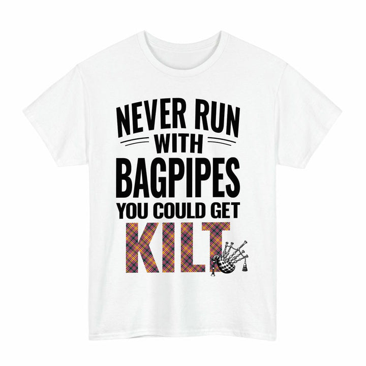 Scottish Jacobite Clan Tartan Never Run With Bagpipes T-Shirt Tartan Plaid White Color