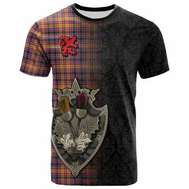 Scottish Jacobite Clan Tartan T-Shirt - Half Thistle Flowers Celtic Design Front Side Tartan Plaid