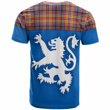 Scottish Jacobite Clan Tartan T-Shirt - Lion Rampant of Scotland With Flag Back Side Tartan Plaid