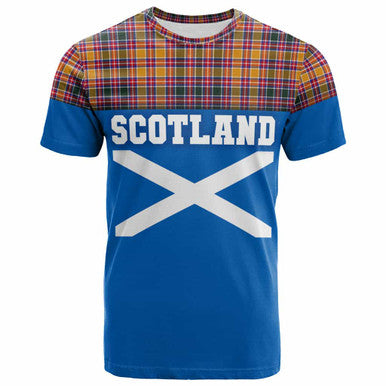 Scottish Jacobite Clan Tartan T-Shirt - Lion Rampant of Scotland With Flag Front Side Tartan Plaid
