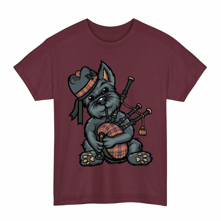 Scottish Jacobite Clan Tartan Terrier Bagpipes T-Shirt Tartan Plaid Maroon Color