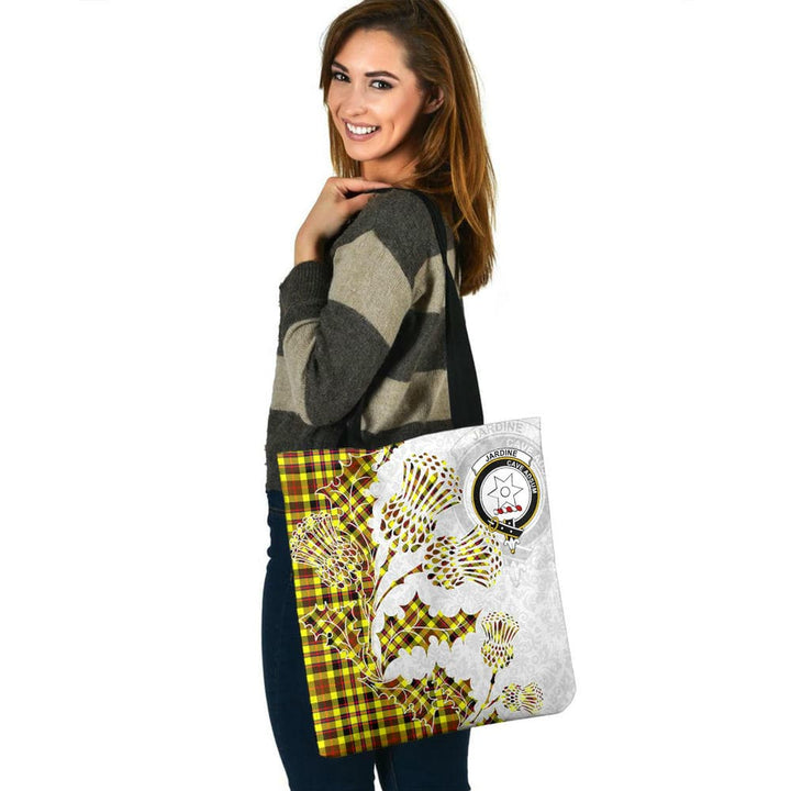 Scottish Jardine Clan Crest Tartan Tote Bag - Thistle Flowers Style Tartan Plaid 3