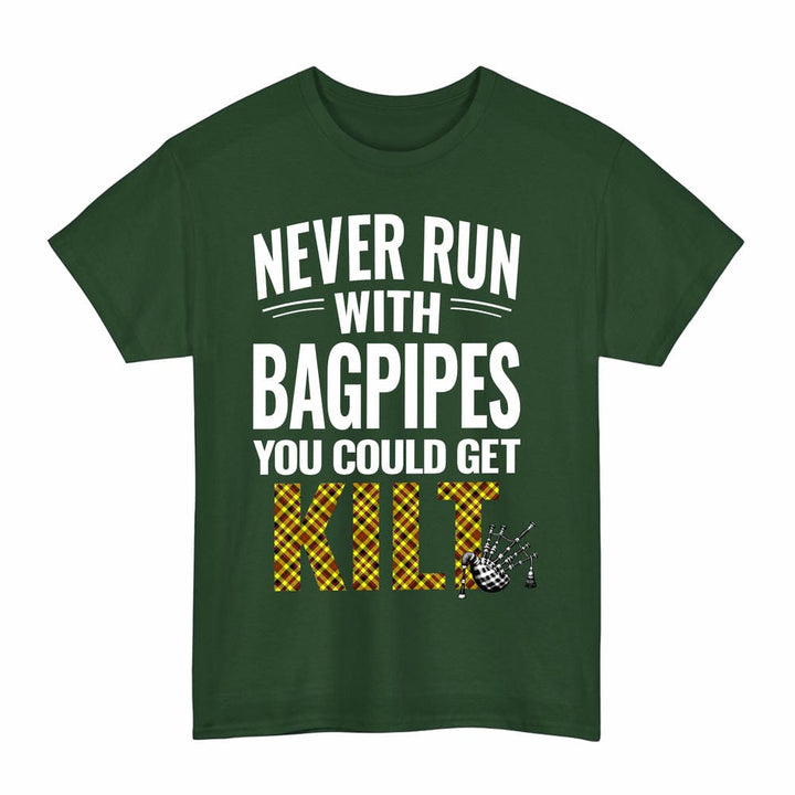 Scottish Jardine Clan Tartan Never Run With Bagpipes T-Shirt Tartan Plaid Forest Green Color