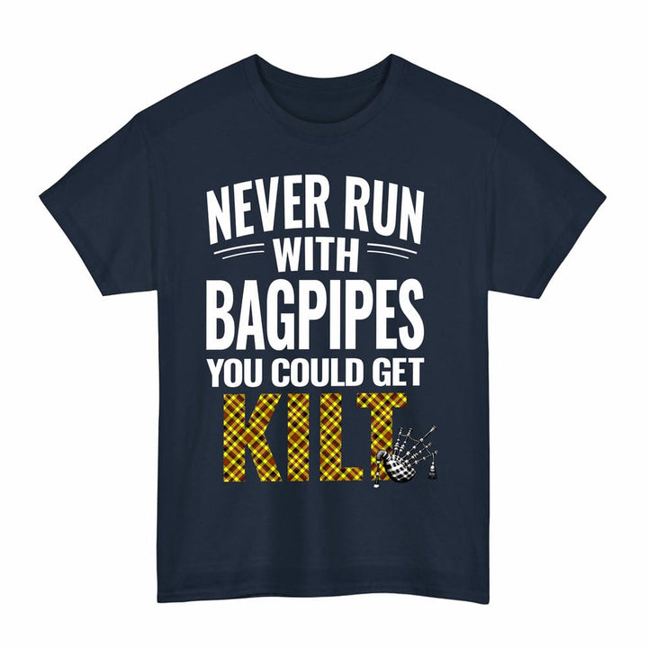 Scottish Jardine Clan Tartan Never Run With Bagpipes T-Shirt Tartan Plaid Navy Color