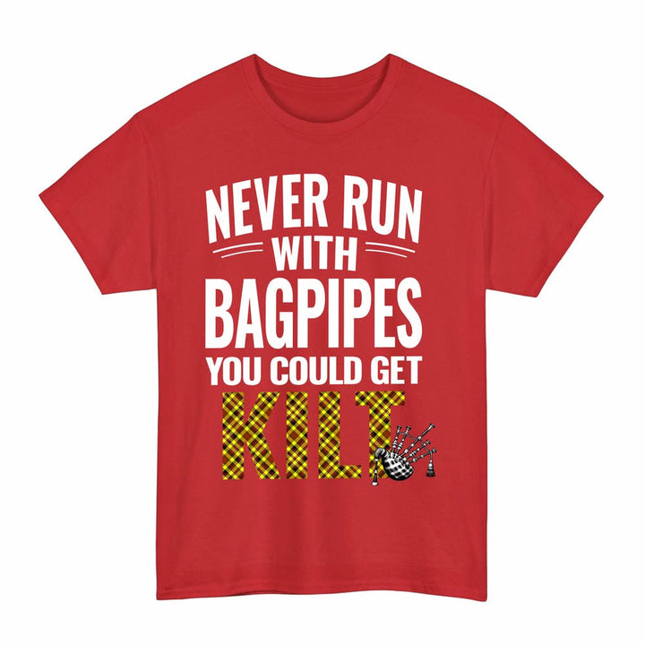 Scottish Jardine Clan Tartan Never Run With Bagpipes T-Shirt Tartan Plaid Red Color