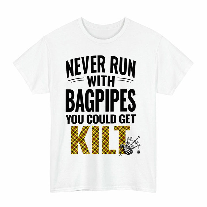 Scottish Jardine Clan Tartan Never Run With Bagpipes T-Shirt Tartan Plaid White Color