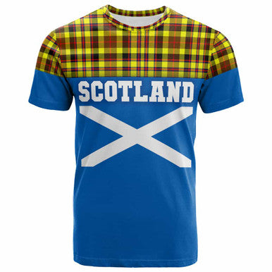 Scottish Jardine Clan Tartan T-Shirt - Lion Rampant of Scotland With Flag Front Side Tartan Plaid