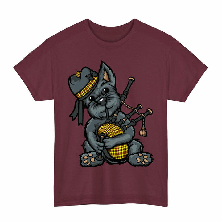 Scottish Jardine Clan Tartan Terrier Bagpipes T-Shirt Tartan Plaid Maroon Color