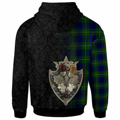Scottish Johnston Clan Crest Tartan Hoodie - Half Thistle Flowers Celtic Design Back Side Tartan Plaid