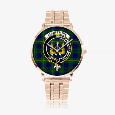 Scottish Johnston Clan Crest Tartan Instafamous Steel Quartz Watches Tartan Plaid Rose Gold 1