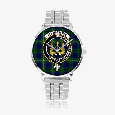 Scottish Johnston Clan Crest Tartan Instafamous Steel Quartz Watches Tartan Plaid Silver 1