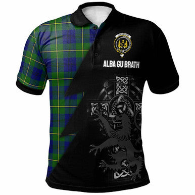 Scottish Johnston Clan Crest Tartan Polo Shirt - Lion Rampant Celtic Cross Flash Style Front Side Tartan Plaid