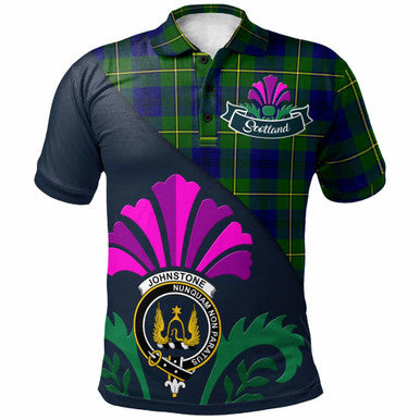 Scottish Johnston Clan Crest Tartan Polo Shirt - Scotland Thistle Style Front Side Tartan Plaid