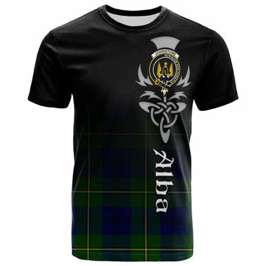 Scottish Johnston Clan Crest Tartan T-Shirt - Alba Gu Brath Family Crest Celtic Inspired Front Side Tartan Plaid
