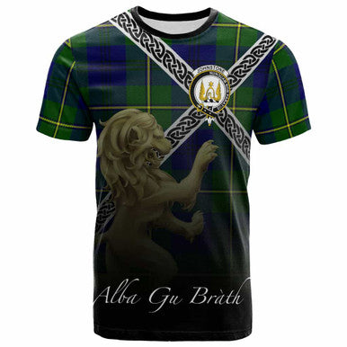 Scottish Johnston Clan Crest Tartan T-Shirt - Celtic With Scotland Lion Front Side Tartan Plaid
