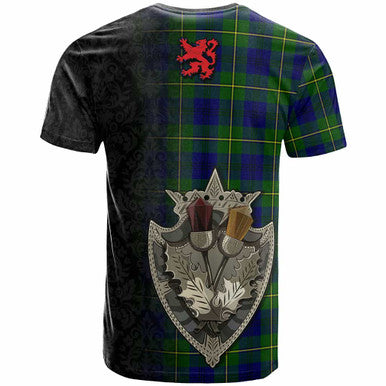 Scottish Johnston Clan Crest Tartan T-Shirt - Half Thistle Flowers Celtic Design Back Side Tartan Plaid