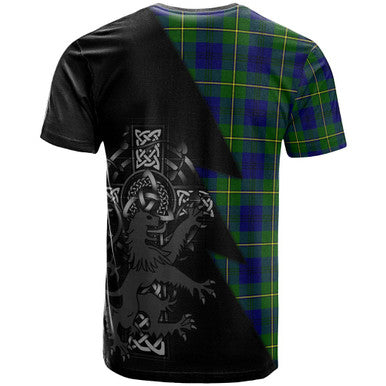 Scottish Johnston Clan Crest Tartan T-Shirt - Lion Rampant Celtic Cross Flash Style Back Side Tartan Plaid