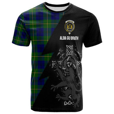 Scottish Johnston Clan Crest Tartan T-Shirt - Lion Rampant Celtic Cross Flash Style Front Side Tartan Plaid