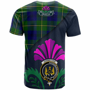 Scottish Johnston Clan Crest Tartan T-Shirt - Scotland Thistle Style Back Side Tartan Plaid