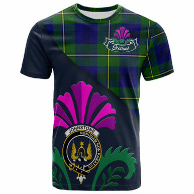 Scottish Johnston Clan Crest Tartan T-Shirt - Scotland Thistle Style Front Side Tartan Plaid