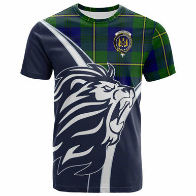 Scottish Johnston Clan Crest Tartan T-Shirt - Scottish Flag With Lion Front Side Tartan Plaid