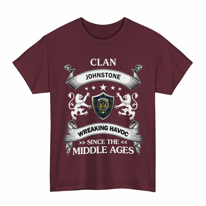 Scottish Johnston Clan Crest Tartan T-Shirt Wreaking Havoc Design Tartan Plaid Maroon Color