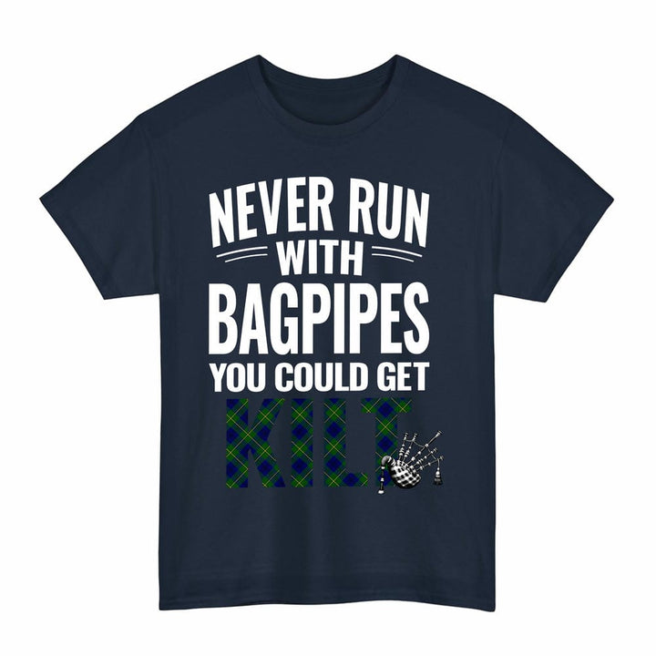 Scottish Johnston Modern Clan Tartan Never Run With Bagpipes T-Shirt Tartan Plaid Navy Color