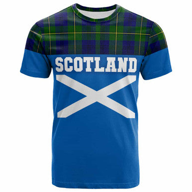 Scottish Johnston Modern Clan Tartan T-Shirt - Lion Rampant of Scotland With Flag Front Side Tartan Plaid