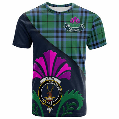 Scottish Keith Clan Crest Tartan T-Shirt - Scotland Thistle Style Front Side Tartan Plaid