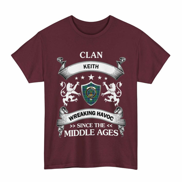 Scottish Keith Clan Crest Tartan T-Shirt Wreaking Havoc Design Tartan Plaid Maroon Color