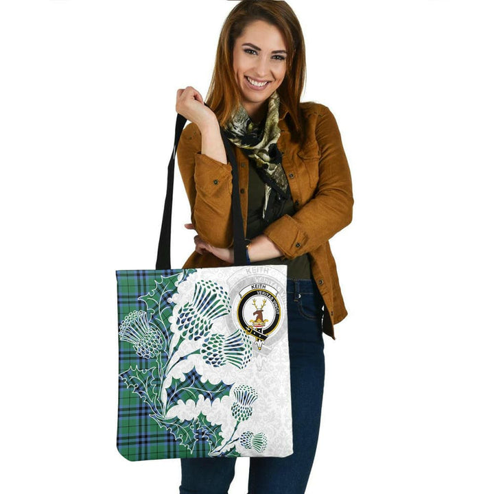 Scottish Keith Clan Crest Tartan Tote Bag - Thistle Flowers Style Tartan Plaid 2
