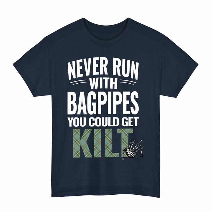 Scottish Kelly Dress Clan Tartan Never Run With Bagpipes T-Shirt Tartan Plaid Navy Color