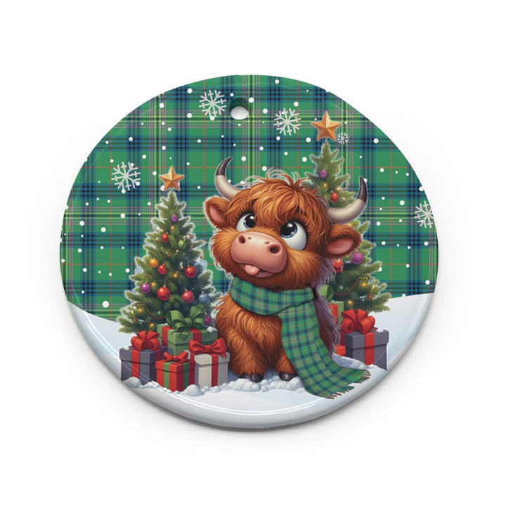 Scottish Kennedy Ancient Clan Tartan Ceramic Ornament Cute Highland Cow Christmas Circle Style Tartan Plaid